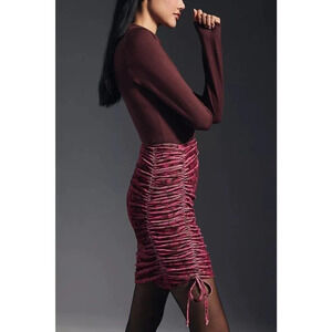 NWT Anthropologie Ruched Velvet Floral Mini Skirt Pull On Size L